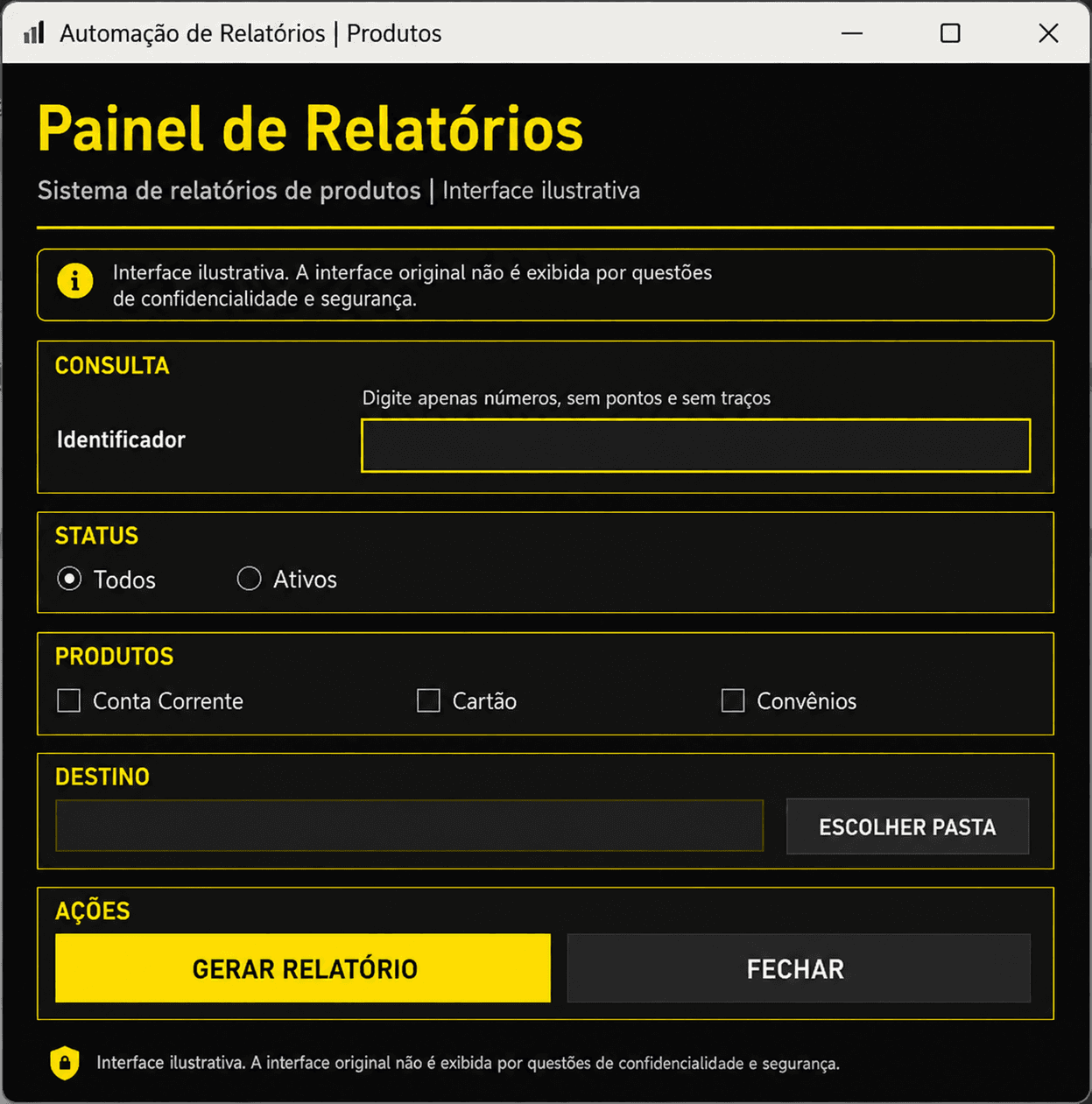 Interface ilustrativa de automação de relatórios, com dados internos removidos.