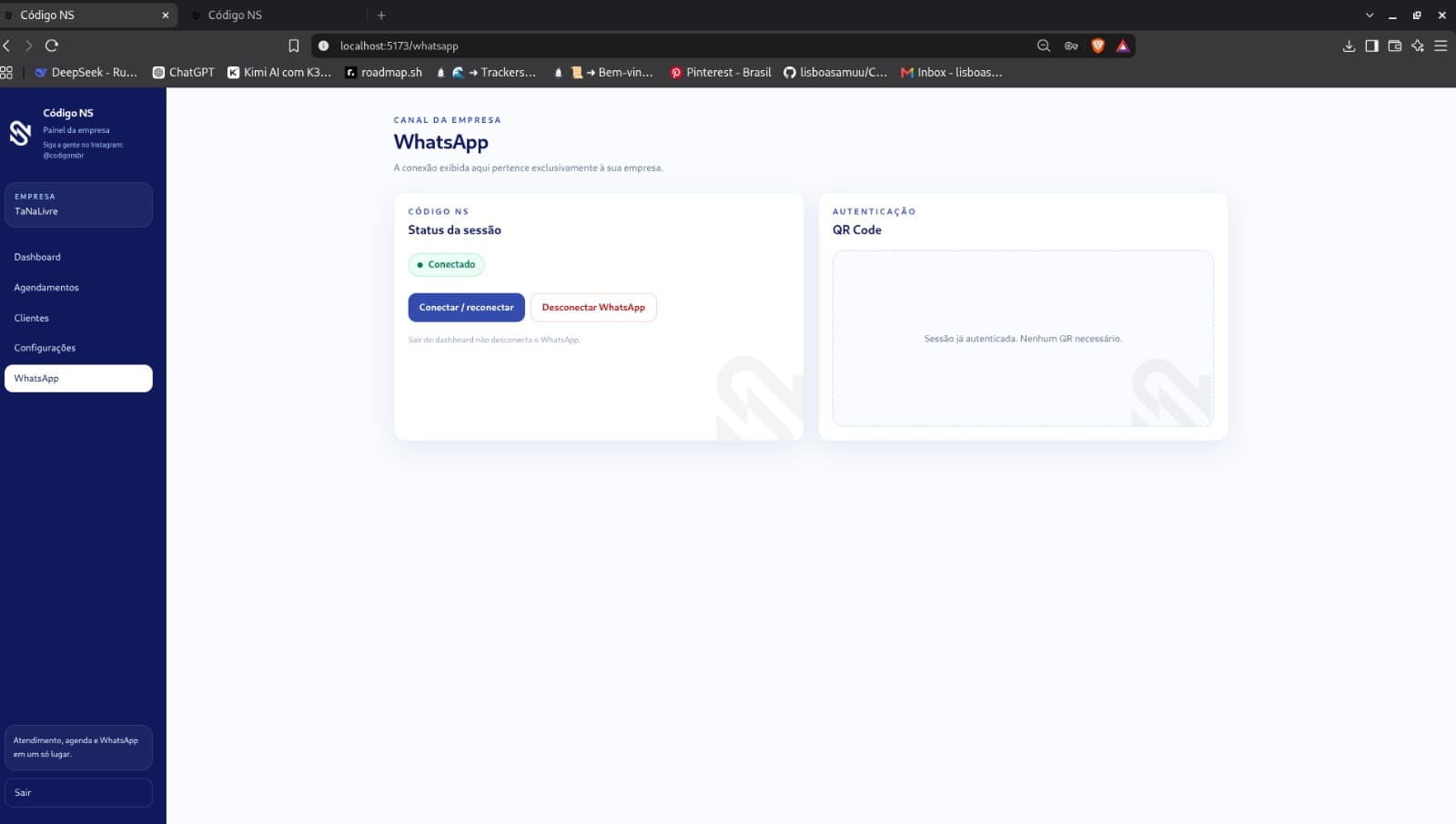 Tela de conversas do NS Chat Platform.