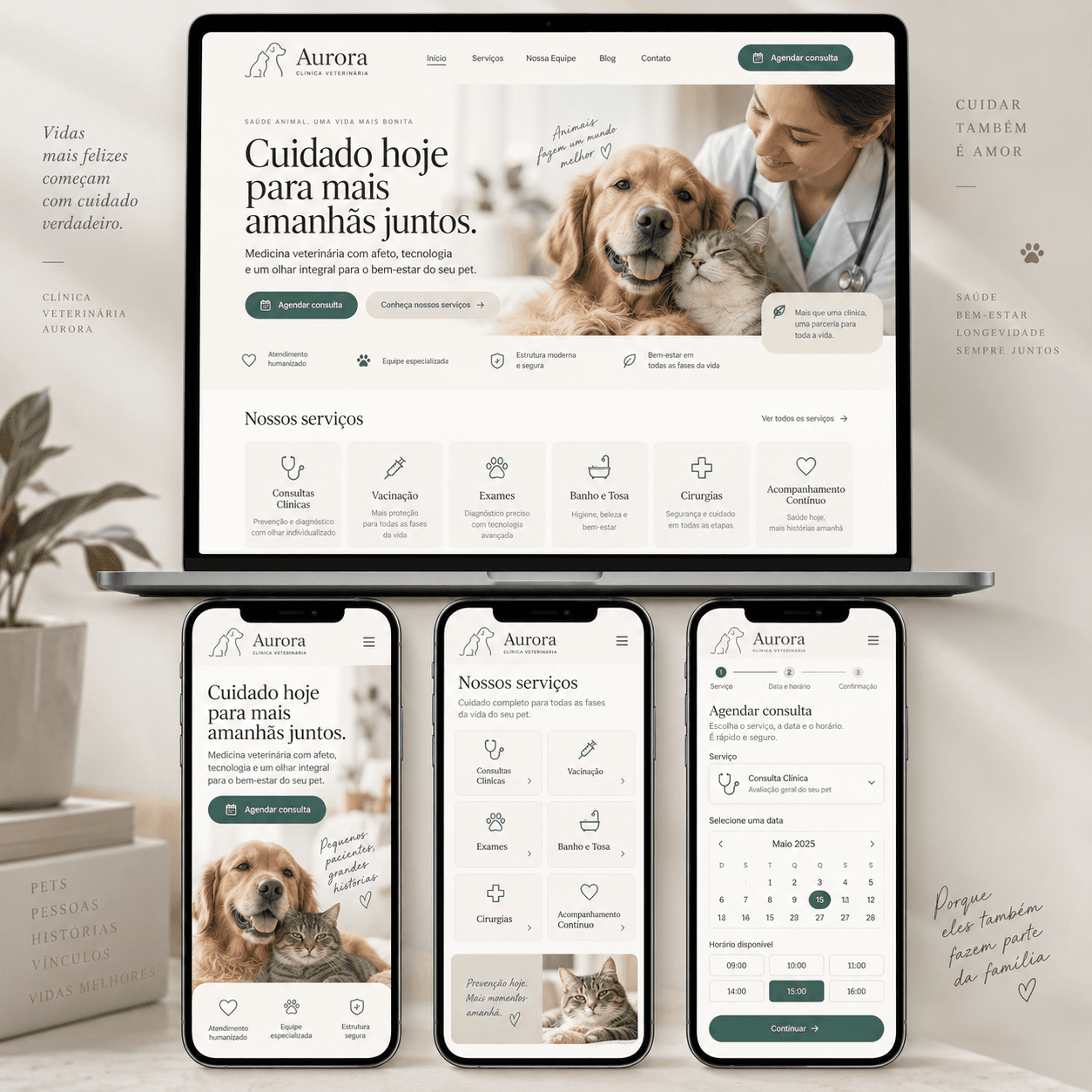 Mockup do site para veterinária exibido em desktop e mobile.